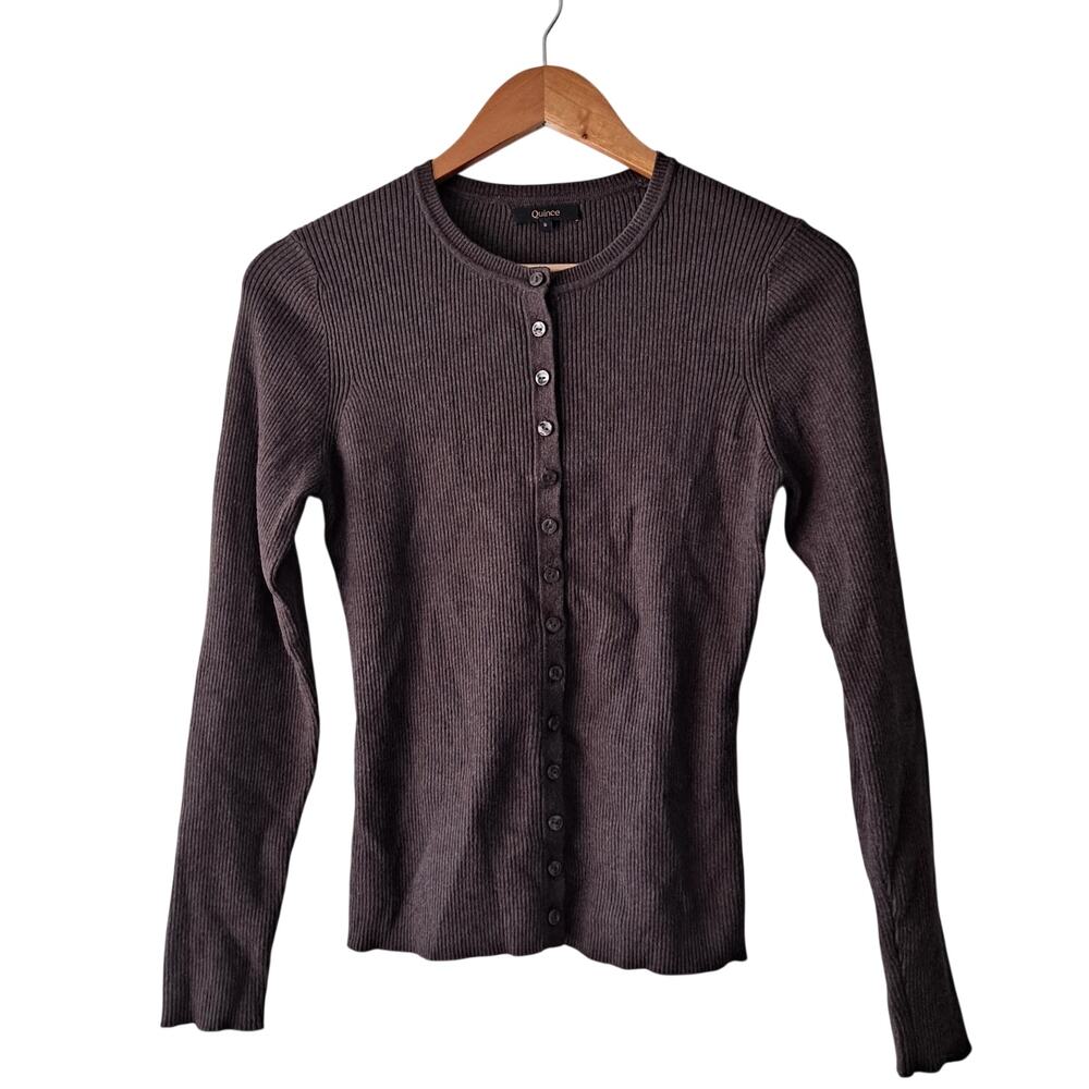 Quince Fitted Ribbed Cardigan Cotton Cashmere Mocha Heather Brown Womens Size S - Picture 2 of 11